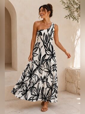 Anthropologie Abel The Label One Shoulder Maxi Dress Black White/Off Floral L